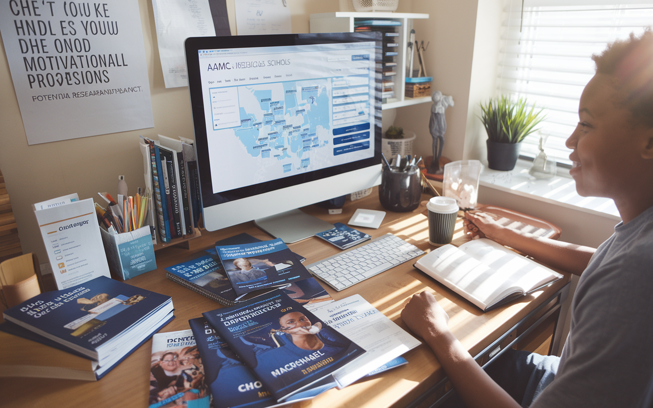 A young student sitting at a desk covered with brochures and printed materials about various medical schools. A computer screen displays the AAMC website, with a map of potential schools marked. The room is well-lit and organized, showing a motivational poster of the medical profession's impact. A coffee cup rests beside an opened notebook, symbolizing focused research and planning, with sunlight streaming through a nearby window.