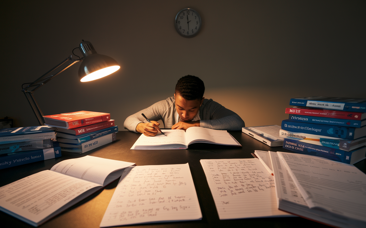 A focused student in a quiet study room surrounded by MCAT prep books and practice tests spread out on a large table. The desk is illuminated by a desk lamp, casting a warm glow on handwritten notes filled with equations and diagrams. The student is deeply immersed in study material with a determined expression, while a clock on the wall indicates the time ticking away, symbolizing the importance of effective preparation and time management.