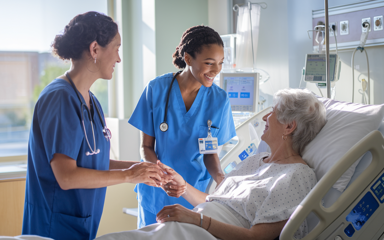 A compassionate volunteer in scrubs helping a nurse care for a patient in a bright hospital room filled with medical equipment. The volunteer, a young woman, offers a reassuring smile to the patient, showcasing empathy and a willingness to help. Sunlight filters through a window, highlighting the sense of hope and care in the environment of the hospital.