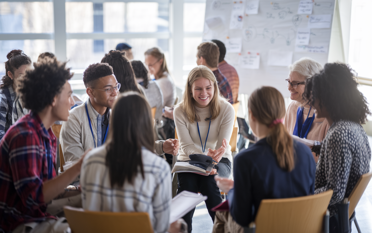 A diverse group of students participating in a leadership conference, sitting in a circle discussing community health initiatives. The atmosphere is collaborative, with participants actively engaged and exchanging ideas, a whiteboard filled with brainstorming notes in the background. Bright, natural light floods the space, creating an inspiring environment for personal and leadership development.