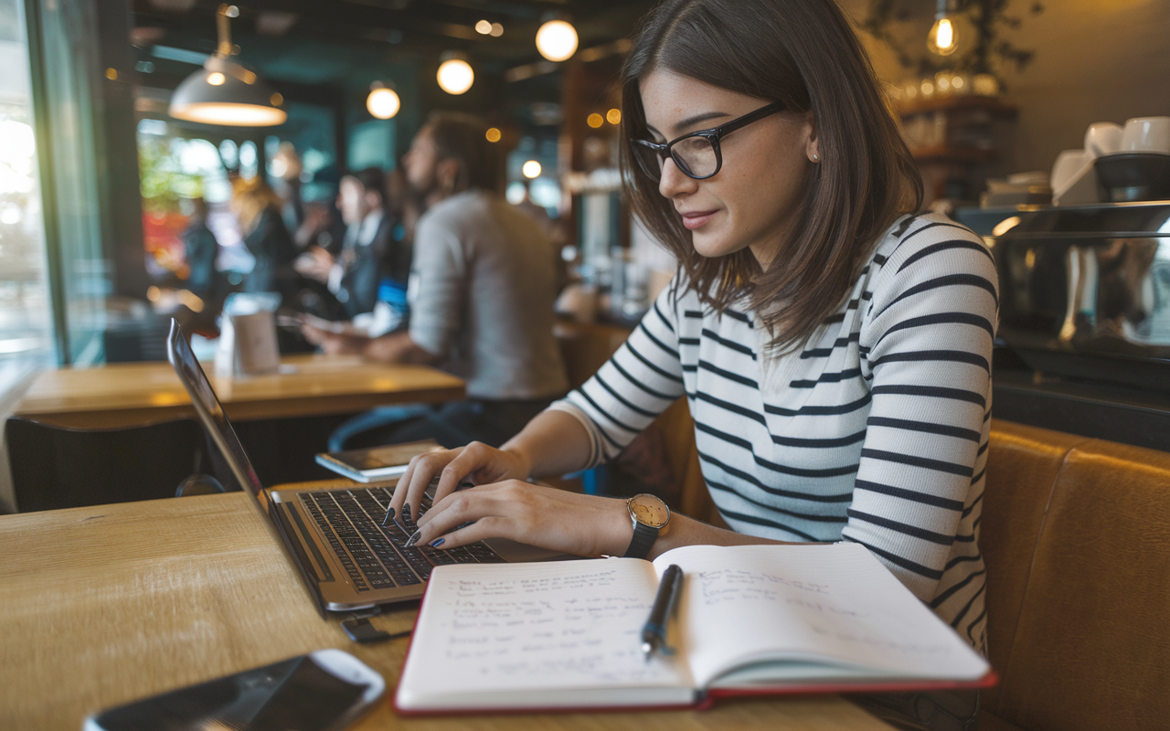 An aspiring medical student sitting at a cozy coffee shop, typing fervently on her laptop while focusing on crafting her personal statement. A notebook is open beside her with sketches and key points written in it. The warm coffee shop atmosphere, with soft lighting and people chatting in the background, reflects a sense of inspiration and creativity.