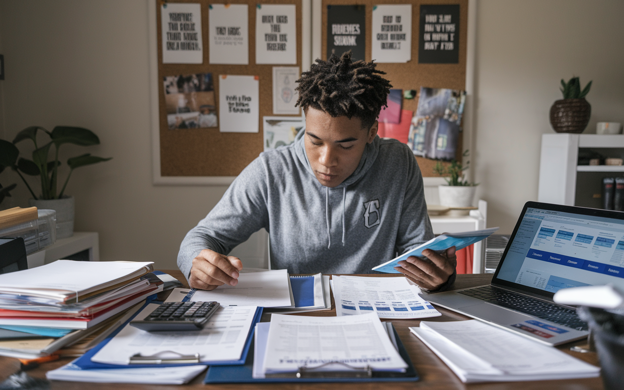 A student reviewing financial materials and scholarship applications at a home office desk piled with papers, calculators, and a laptop displaying budgeting software. The atmosphere is serious yet hopeful, with motivational quotes pinned to a bulletin board in the background, inspiring the student to pursue their dreams despite financial challenges.