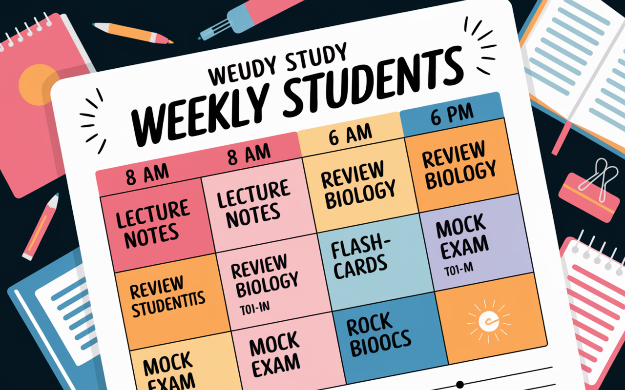 An illustrated mockup of a weekly study schedule for medical students, featuring time slots from 8 AM to 6 PM. Each box contains specific study activities like 'Lecture Notes', 'Review Biology', 'Flashcards', and 'Mock Exam'. The design incorporates a colorful and organized layout, with motivational quotes scattered throughout. The background is subtly decorated with study materials like textbooks and notebooks, emanating a sense of productive energy.