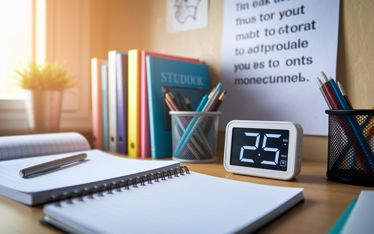 A close-up view of a student’s study setup, featuring a digital timer displaying 25 minutes. The desk is filled with study materials including textbooks, a planner, and a water bottle. A motivational quote is pinned on the wall behind, emphasizing time management. The warm light from a nearby window softly illuminates the workspace, suggesting a comfortable and productive study environment.