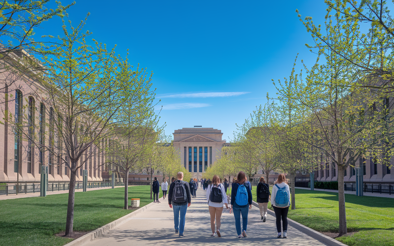 A serene pathway leading towards a distant medical school, surrounded by blooming trees and students walking with backpacks. The sky is clear blue, symbolizing hope and success. The architecture of the school in the background reflects grandeur and ambition, instilling a sense of aspiration in all who journey toward their goals. The scene is bright and uplifting, capturing the essence of determination and hard work.