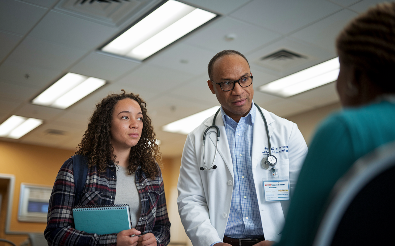 A student shadowing a physician in a bustling hospital environment, observing a patient consultation. The scene captures the healthcare professional actively engaging with a patient while the student, in casual attire with a notebook, looks on attentively. Bright overhead hospital lights illuminate the room, creating a focused and inspirational atmosphere that highlights the importance of hands-on learning in healthcare.