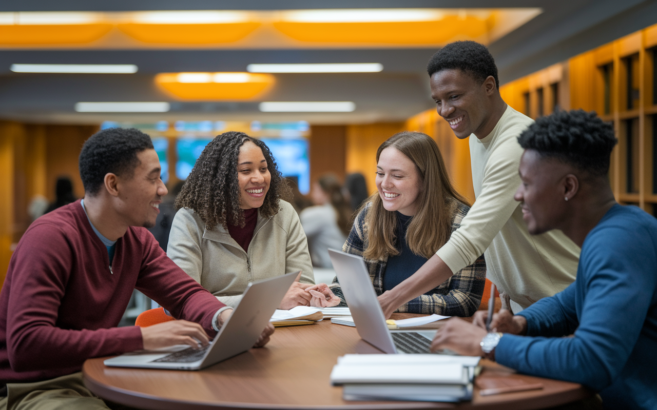 A diverse group of post-baccalaureate students engaged in a study session in a library study room. They are collaborating, sharing notes on medical topics, and using laptops to research. The atmosphere is lively with mutual support and camaraderie, displaying a blend of focused study and animated discussions. Warm, ambient lighting creates an inviting environment conducive to learning.