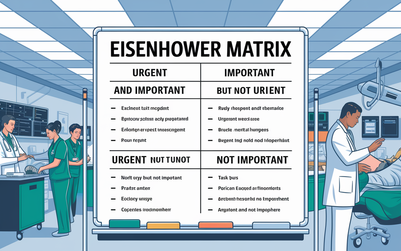 A clear, detailed illustration of the Eisenhower Matrix on a hospital whiteboard. The matrix is divided into four quadrants labeled urgent and important, important but not urgent, urgent but not important, and not urgent and not important. Underneath each category are example tasks neatly written in bullet points. The background shows a busy hospital environment with medical staff engaged in patient care. Bright and clinical lighting adds a focused atmosphere.