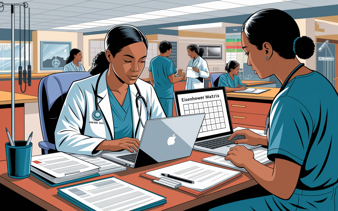 An illustration of Dr. Smith, a second-year medical resident, thoughtfully working at a hospital desk filled with paperwork and a laptop. She’s studying the Eisenhower Matrix on a laptop screen and discussing her workload with a medical scribe, highlighting efficiency and teamwork. The hospital setting is vibrant and busy, reflecting the fast-paced environment of a residency.