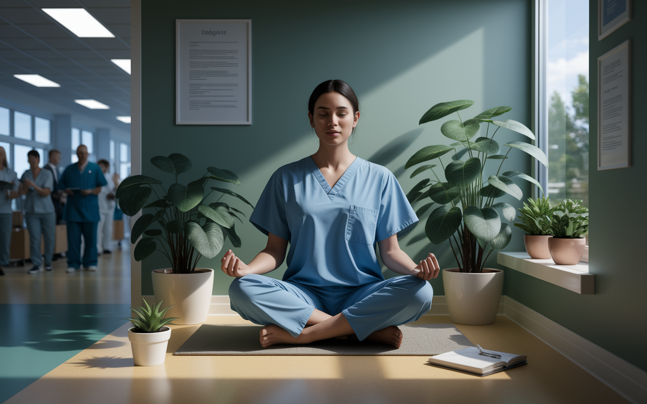 A serene scene depicting a medical resident practicing mindfulness in a quiet corner of a hospital. The resident, seated in a meditative pose, is surrounded by calming elements such as potted plants and soft lighting. The contrast of the peaceful setting against the busy hospital backdrop emphasizes the importance of mental relaxation amidst chaos. The ambiance should reflect tranquility, with light filtering softly through a window, enhancing the feeling of calm. Attention to detail in the resident’s serene expression and the gentle textures of their scrubs is key.