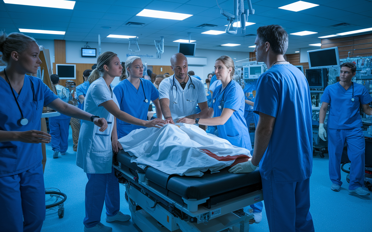 A dynamic scene showcasing an emergency medical team collaboratively responding to a critical situation in a bustling emergency room. Figures in scrubs and lab coats are seen communicating effectively, using high-tech medical equipment. The lighting is bright and focused, casting shadows that suggest urgency and action. The background is filled with hospital monitors, charts, and medical personnel in various roles working together seamlessly, emphasizing the importance of teamwork and clear communication in high-pressure environments.