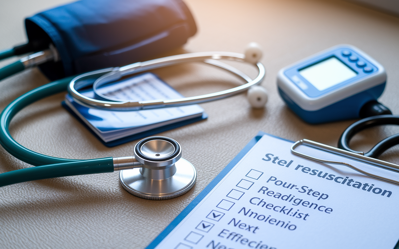 A close-up shot featuring essential medical tools laid out on a textured surface: a stainless steel stethoscope, a digital blood pressure cuff, pocket medical reference cards, and a four-step resuscitation checklist. Soft ambient light enhances the details of the tools, reflecting their importance in a medical emergency, evoking a sense of readiness and organization.