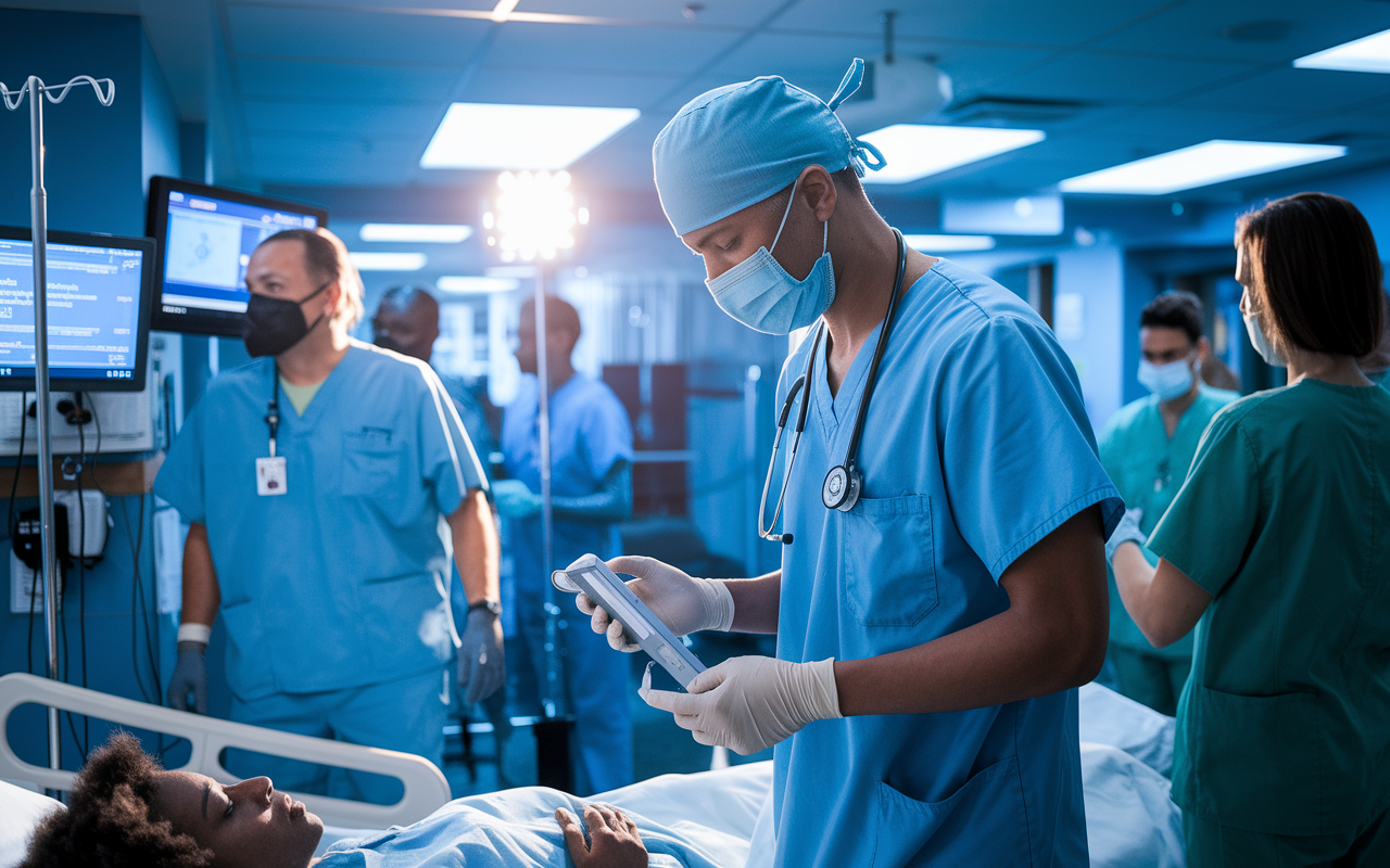 A medical resident in action, standing at the bedside of a patient in distress inside an emergency department. The resident, wearing scrubs and a surgical mask, is focused, using a portable diagnostic tool while other medical staff mobilize around. A heart monitor and IV equipment visible, lights illuminating the scene create a sense of urgency and dedication.