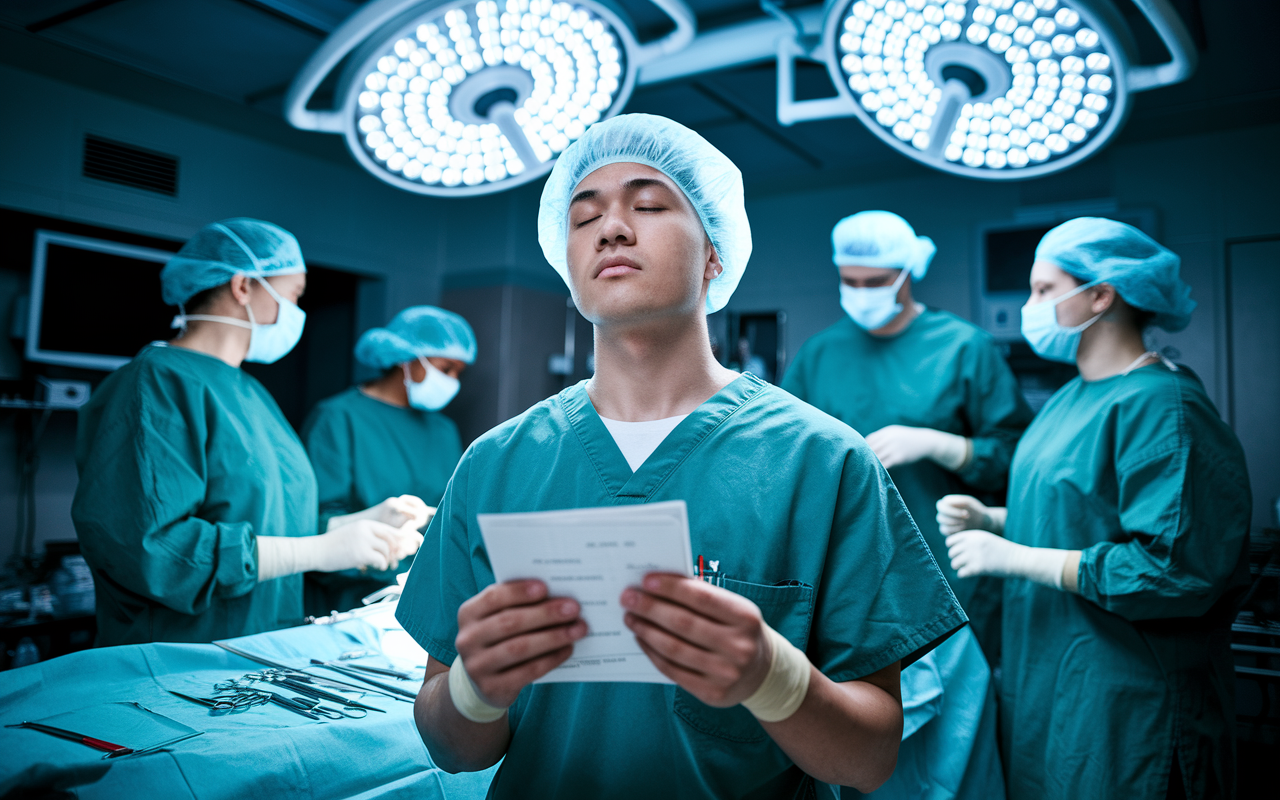 A tense yet focused atmosphere inside an operating room, showcasing a young resident surgeon reviewing notes on surgical protocols on a pocket reference card. The room is brightly lit, filled with surgical instruments, and a surgical team is preparing for an emergency procedure. The resident is taking a moment to breathe deeply, embodying determination amidst the challenges.