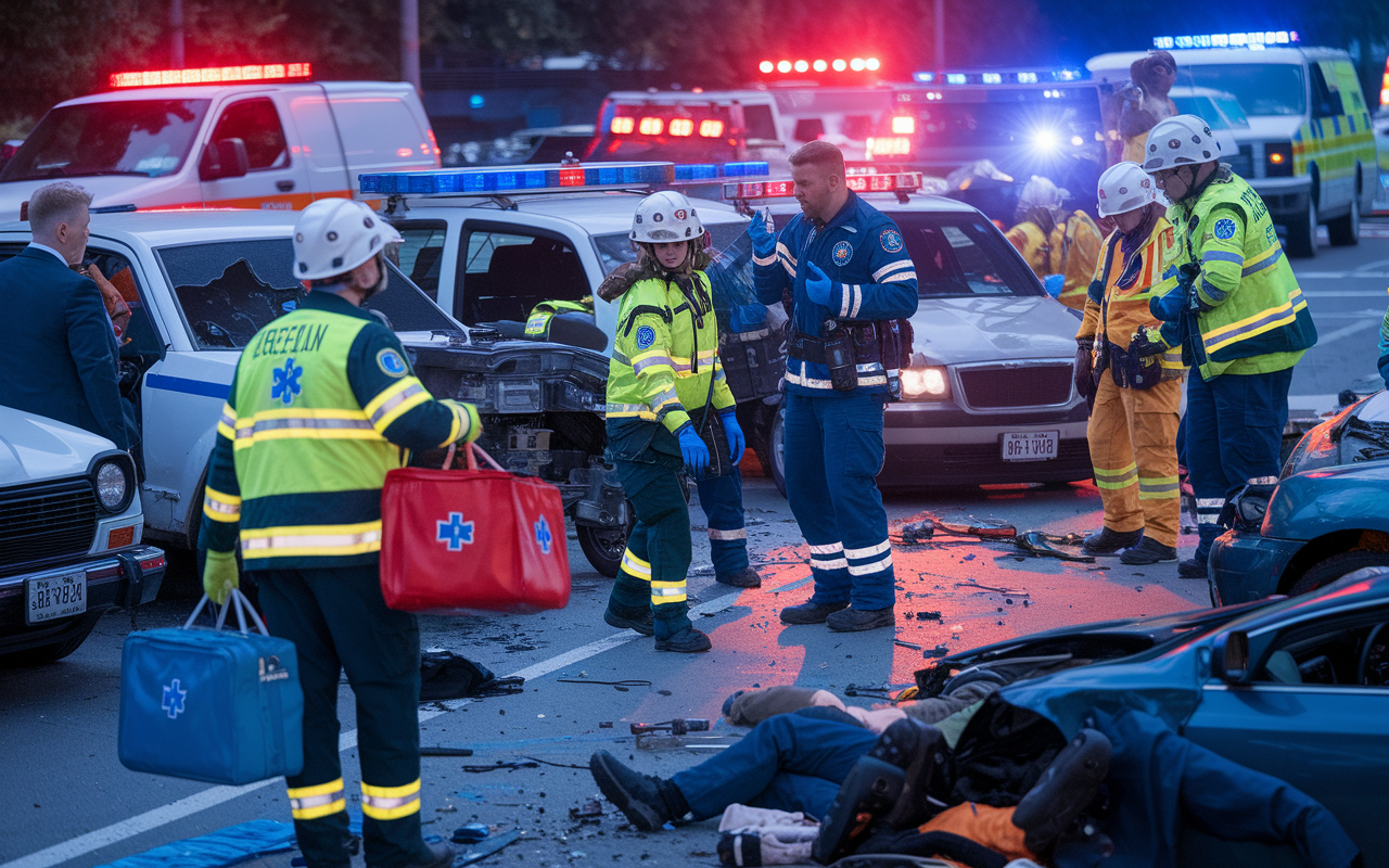 An emergency scene depicting first responders at a multi-car pileup, characterized by chaotic activity. EMTs with medical bags assess injured individuals, while a trauma surgeon communicates with team members using a radio. The backdrop showcases damaged vehicles, flashing lights from emergency vehicles, and paramedics directing traffic in the scene, emphasizing urgency and teamwork in a high-stakes situation.