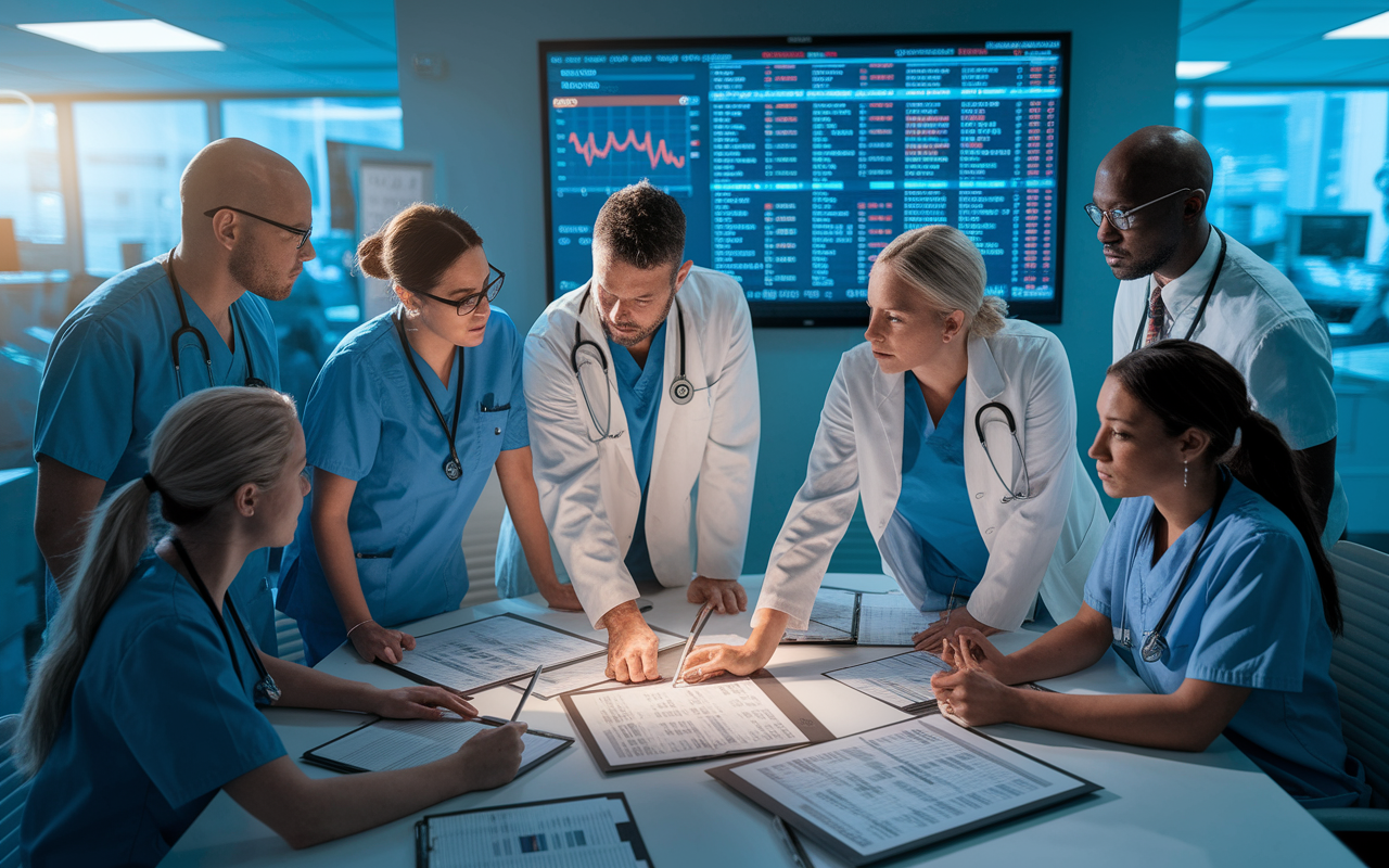 A dynamic scene in a hospital command center during a crisis, featuring a diverse group of healthcare professionals engaged in strategy discussions. A large screen displays real-time patient data and updates while nurses and doctors huddle around a table covered in medical charts and notes. The atmosphere is collaborative; soft lighting creates a focused environment, highlighting teamwork and urgency in action as they prepare to respond to an emergency.