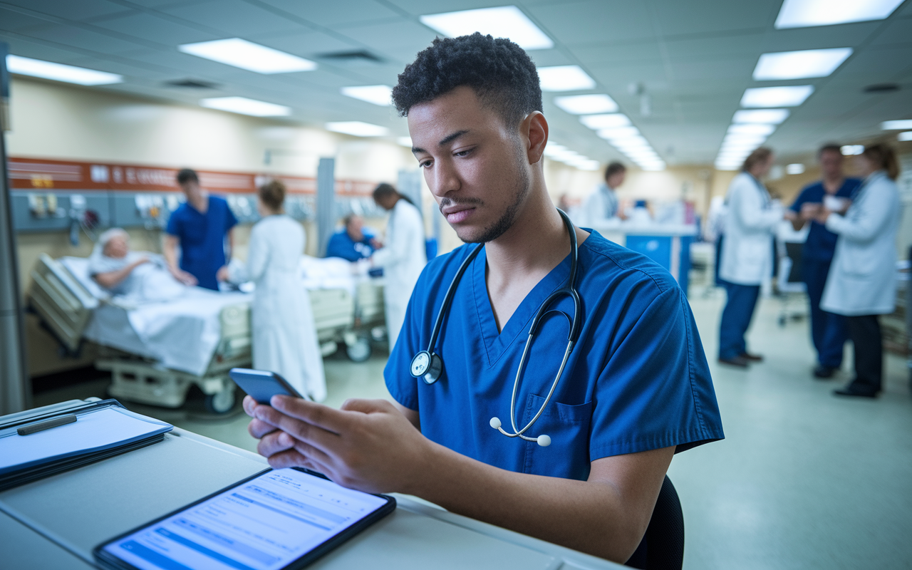 A focused medical resident wearing scrubs and a stethoscope, sitting at a hospital workstation, attentively using a mobile application on a smartphone for medical guidelines. The background features a chaotic emergency room, with nurses tending to patients and doctors discussing cases. The lighting is bright, emphasizing the busy yet organized chaos of the medical environment.