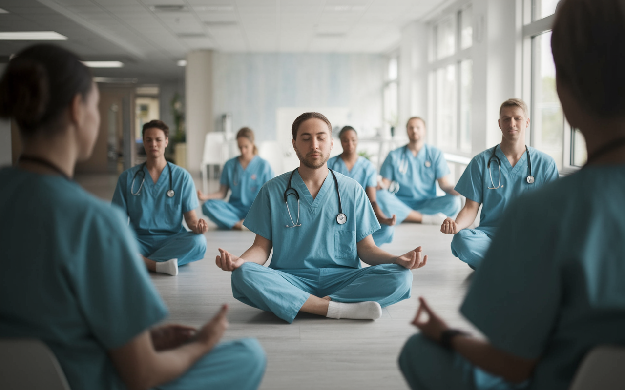 A serene hospital break room where several medical residents, still in scrubs, are engaging in a mindfulness session led by a calming figure. The room is softly lit with natural light filtering through the windows, showing a contrasting peacefulness to the chaotic hospital outside. Residents exhibit calm expressions as they follow mindfulness techniques, helping to alleviate stress amidst their busy lives.