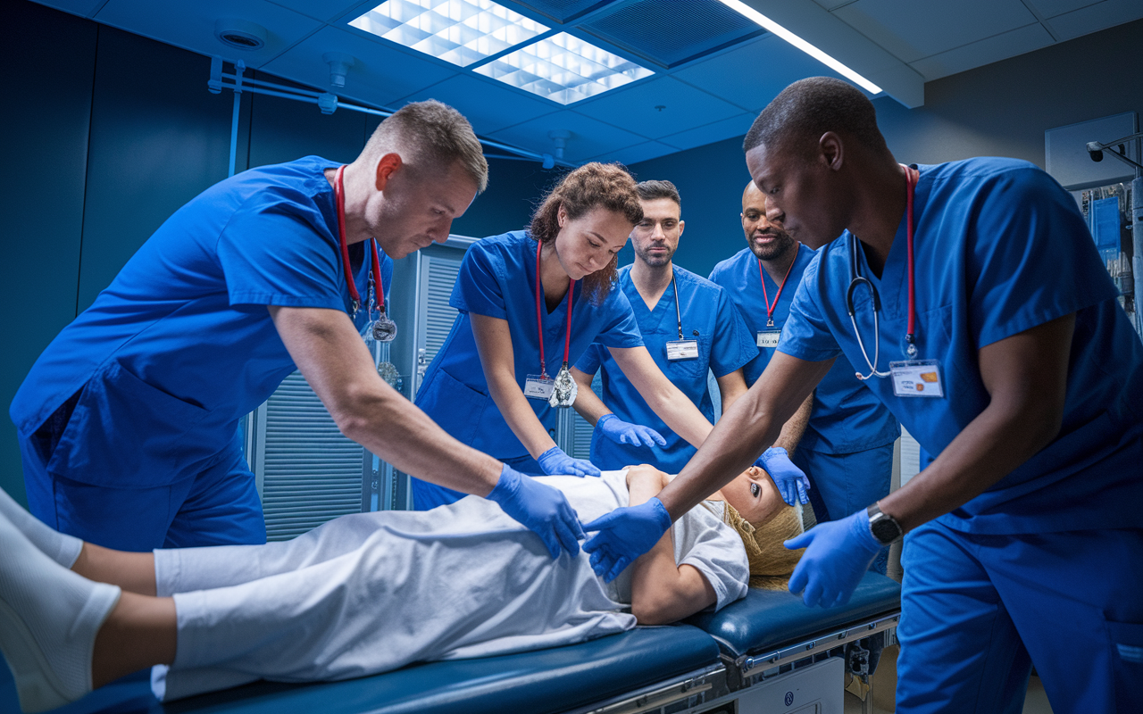 A group of diverse healthcare professionals in a simulation room, actively participating in a rapid-response exercise. The atmosphere is charged with energy as they practice emergency protocols. The setting is enhanced with realistic medical equipment and simulated patients, showcasing a commitment to teamwork and collaboration in high-pressure scenarios.