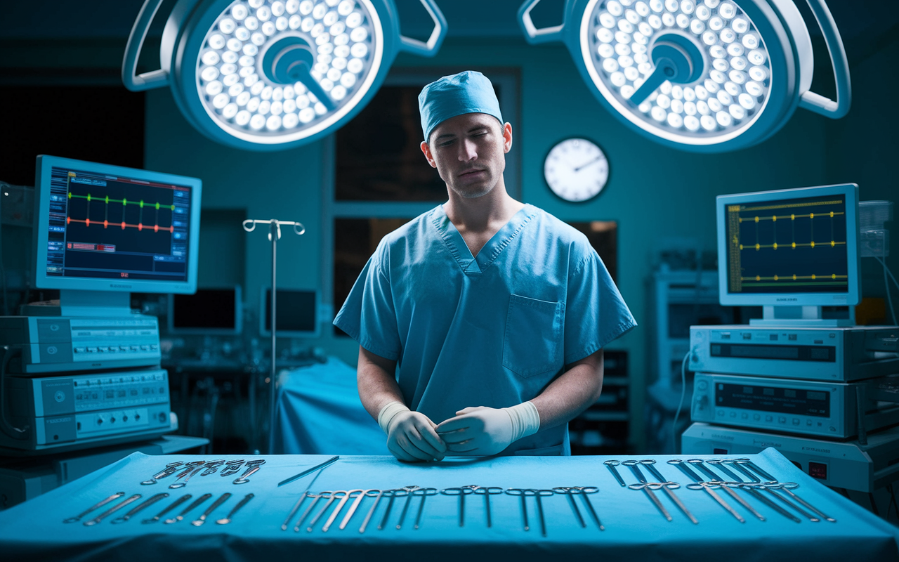 A surgical intern in scrubs, looking weary yet focused, standing in an operating room during the night. The room is filled with bright surgical lights, instruments laid out meticulously on a tray, and monitors displaying patient vitals. The atmosphere is intense, highlighting the pressure and dedication required in surgical residency, while a clock on the wall shows it's late at night.