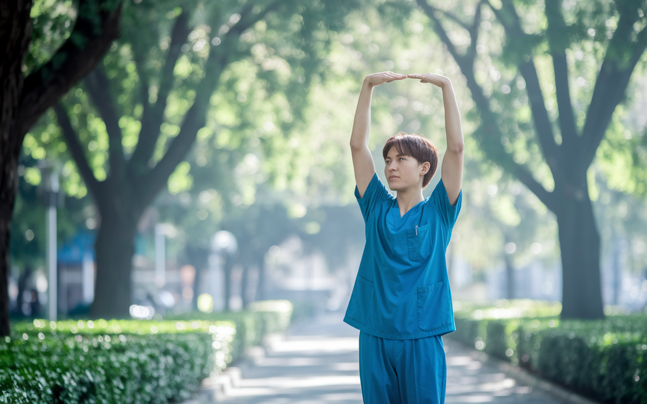 A young resident in scrubs taking a break, standing in a serene park during a rare moment off-duty. The scene shows the resident stretching, with sunlight filtering through green trees, symbolizing the importance of self-care and wellness. There is a sense of calm contrasted with the hectic hospital environment.