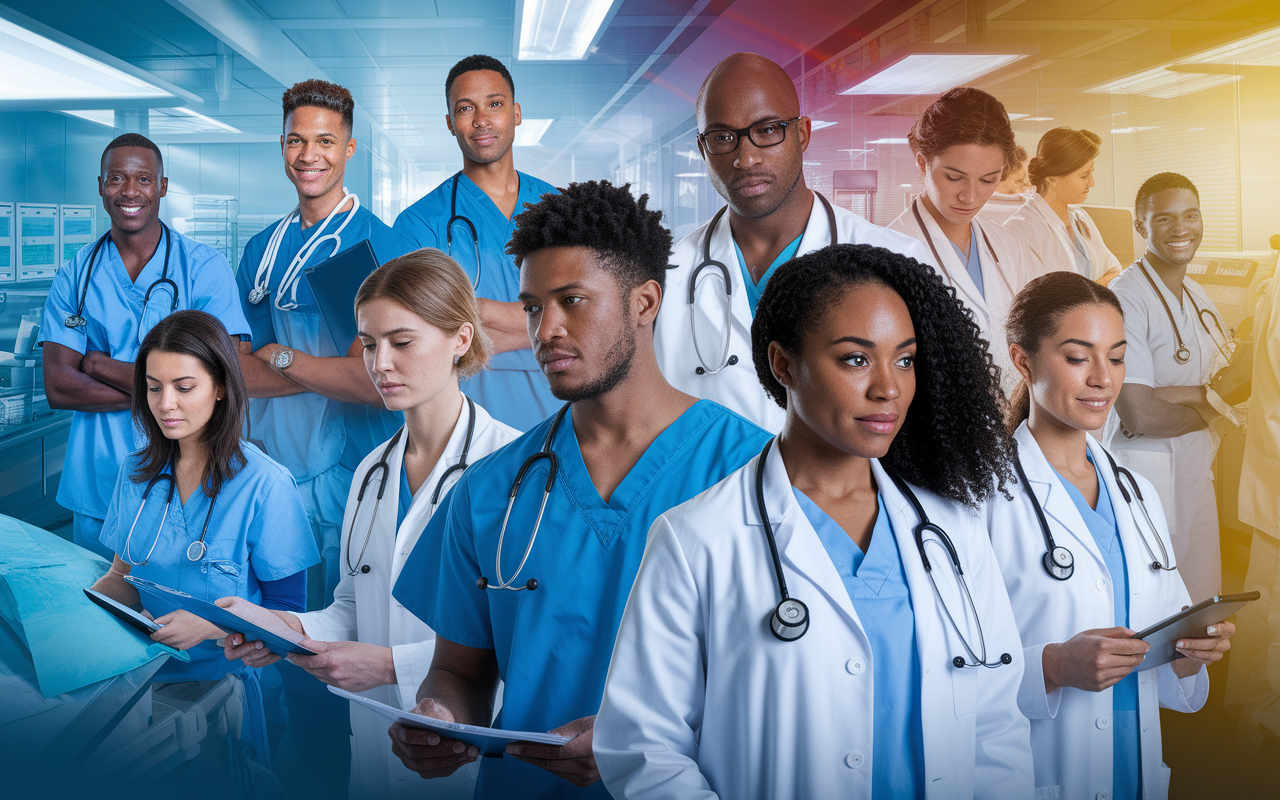 A montage-style scene that includes a diverse group of medical residents in various specialties diligently working in a hospital setting. The background features a blend of emergency room activities, surgical practices, and outpatient care environments, symbolizing the comprehensive journey of becoming a physician. The lighting captures a dynamic and hopeful atmosphere, reflecting dedication and ambition in their medical careers.