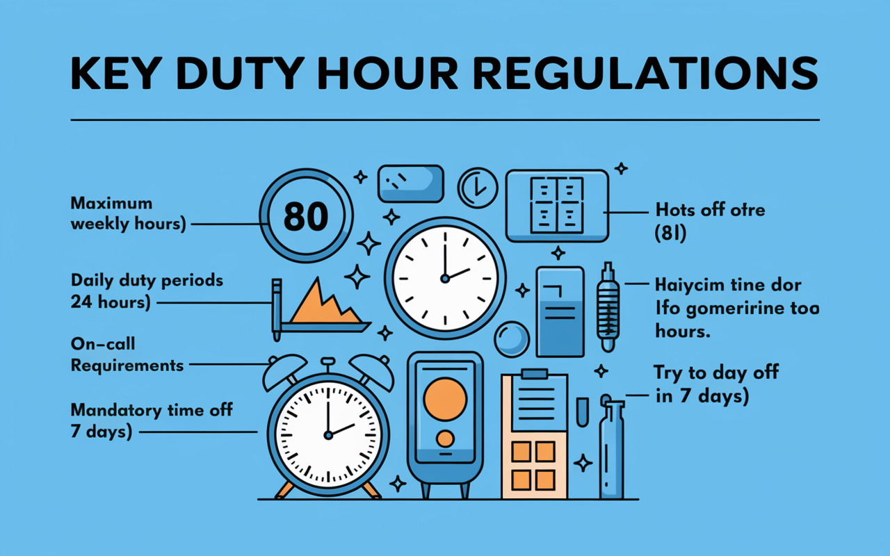 An infographic-style illustration showing key duty hour regulations for medical residents. Bullet points include: Maximum Weekly Hours (80), Daily Duty Periods (24 hours), On-Call Requirements (14 hours off), and Mandatory Time Off (1 day off in 7 days). The design features symbols representing hours, clocks, and medical equipment, with a friendly color palette to convey a sense of order and structure in the chaotic world of residency.