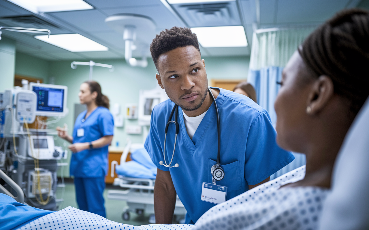 A focused and alert medical resident attentively observing a patient in a hospital room. The room is well-lit, showing advanced medical equipment and supportive healthcare staff. The resident, in scrubs, looks engaged and caring, embodying the essence of patient-centered care. The atmosphere is one of safety and professionalism, highlighting the importance of well-rested medical personnel.