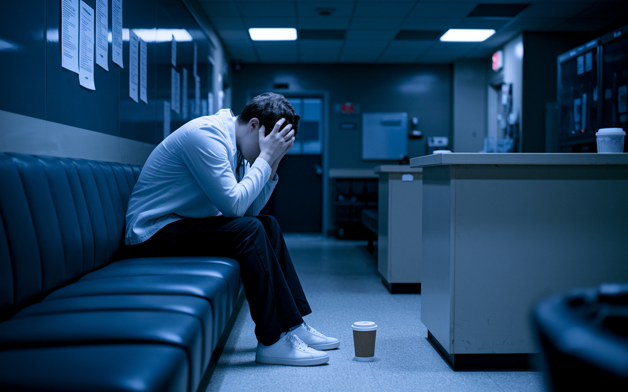 A distressed medical resident sitting alone in a hospital break room, with their head in their hands and a coffee cup beside them. The light is dim, creating a somber atmosphere that reflects the stress and isolation felt during burnout. The surroundings show the harsh realities of residency with medical charts and notifications on a nearby table, conveying feelings of overwhelming responsibility.