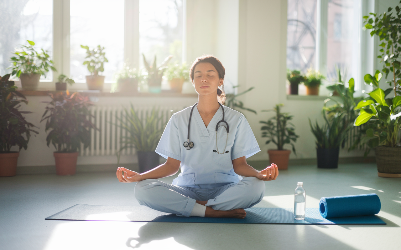 A medical resident engaged in a calming self-care routine, practicing yoga in a peaceful, bright break room filled with plants. The resident appears relaxed, breathing deeply while sunlight streams through a window. A yoga mat and a small water bottle lay nearby, emphasizing the importance of well-being amidst a demanding schedule.