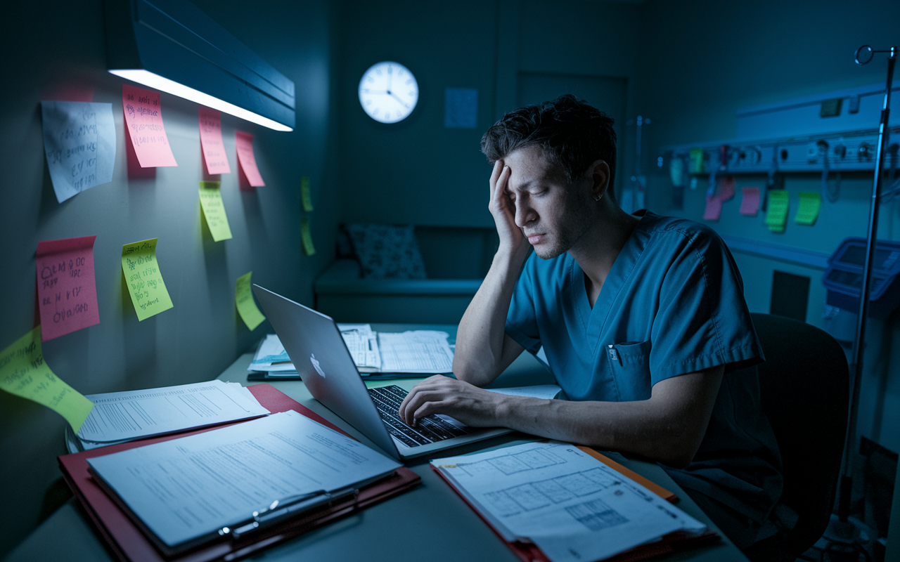 An emotionally charged scene showing a medical resident in scrubs looking exhausted while typing notes on a laptop in a dimly lit hospital room. Post-its and medical charts lie strewn about, and a clock shows late-night hours. The ambient light casts soft shadows on the walls, with an open folder revealing complex medical information that emphasizes the high-pressure environment residents operate in.