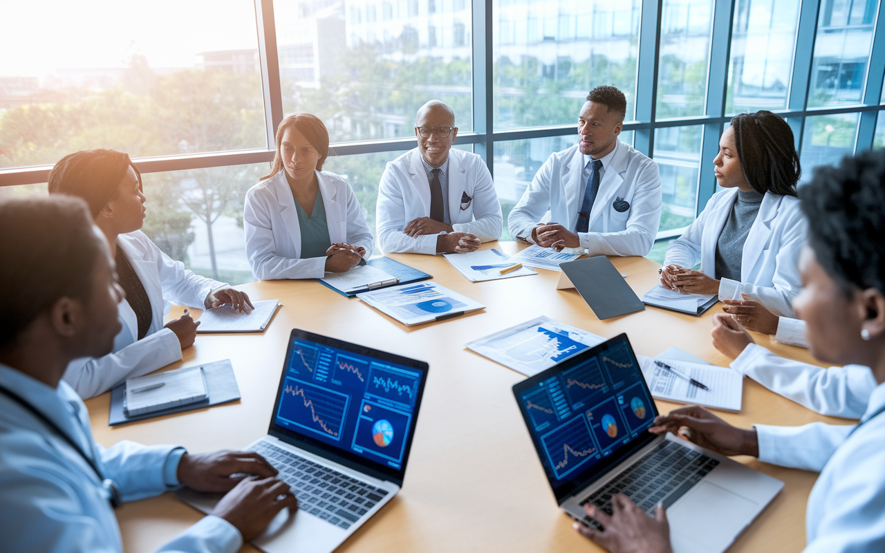 A diverse group of medical professionals in a light-filled meeting room, discussing residency training reforms around a large table with digital screens showing graphs and data. Their expressions reflect determination and collaboration, with documents and laptops open for reference. Natural light pours in through large windows, symbolizing hope and change in medical training.