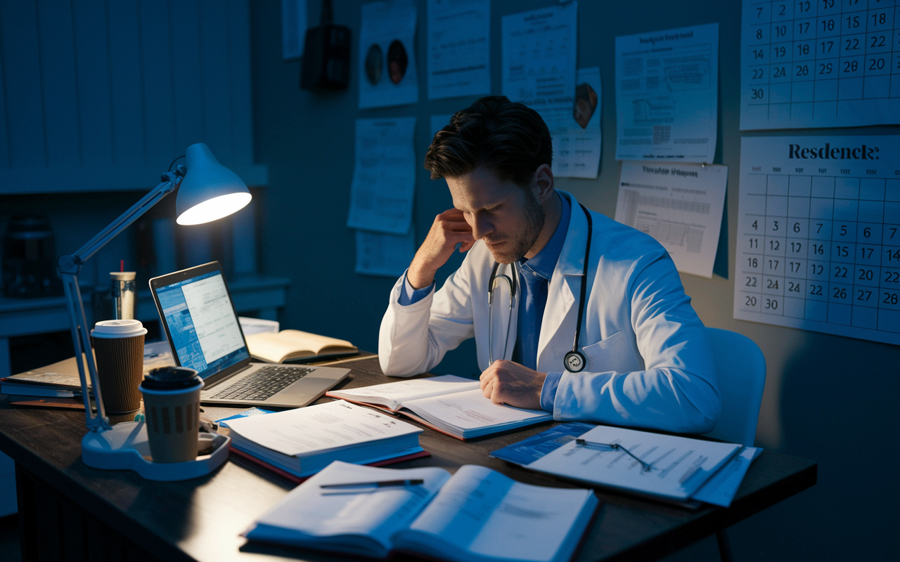 A medical resident, deeply focused, studying late into the night at a cluttered desk covered with textbooks, charts, and a glowing laptop. The room is dimly lit with a soft desk lamp, casting warm light across the scene. Empty coffee cups and energy drink cans sit nearby, suggesting long hours of studying. The wall is covered in medical posters and a calendar marked with a grueling schedule, conveying the tension and demands of residency.