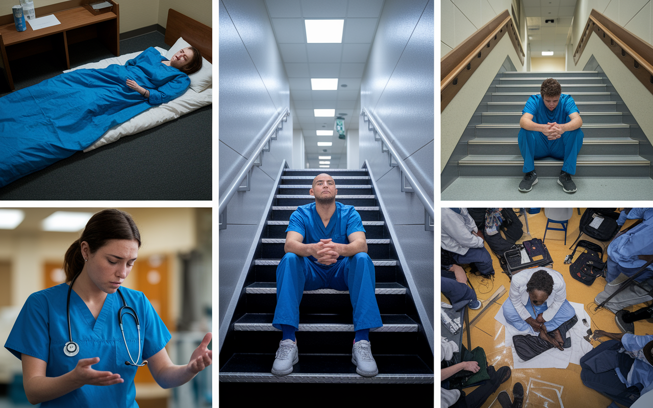 A collage depicting various scenes of medical residents dealing with burnout: one in a sleeping bag in a break room, another sitting alone in a hospital stairwell with visible exhaustion, and a third resident trying to meditate in a chaotic environment. Each resident shows different expressions of fatigue and emotional stress, set against the backdrop of bustling hospital activity, capturing the intense pressures faced during training.