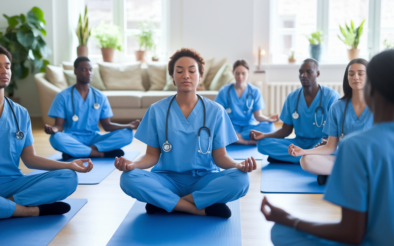 A group of medical residents in a bright wellness room, engaging in a mindfulness session led by a professional. The room is softly lit, with plants and comfortable seating, creating a serene atmosphere. Residents are practicing deep breathing techniques while sitting on yoga mats, showing a focus on mental wellness. The mentor, exuding calmness, shares strategies for stress management, emphasizing a supportive community.