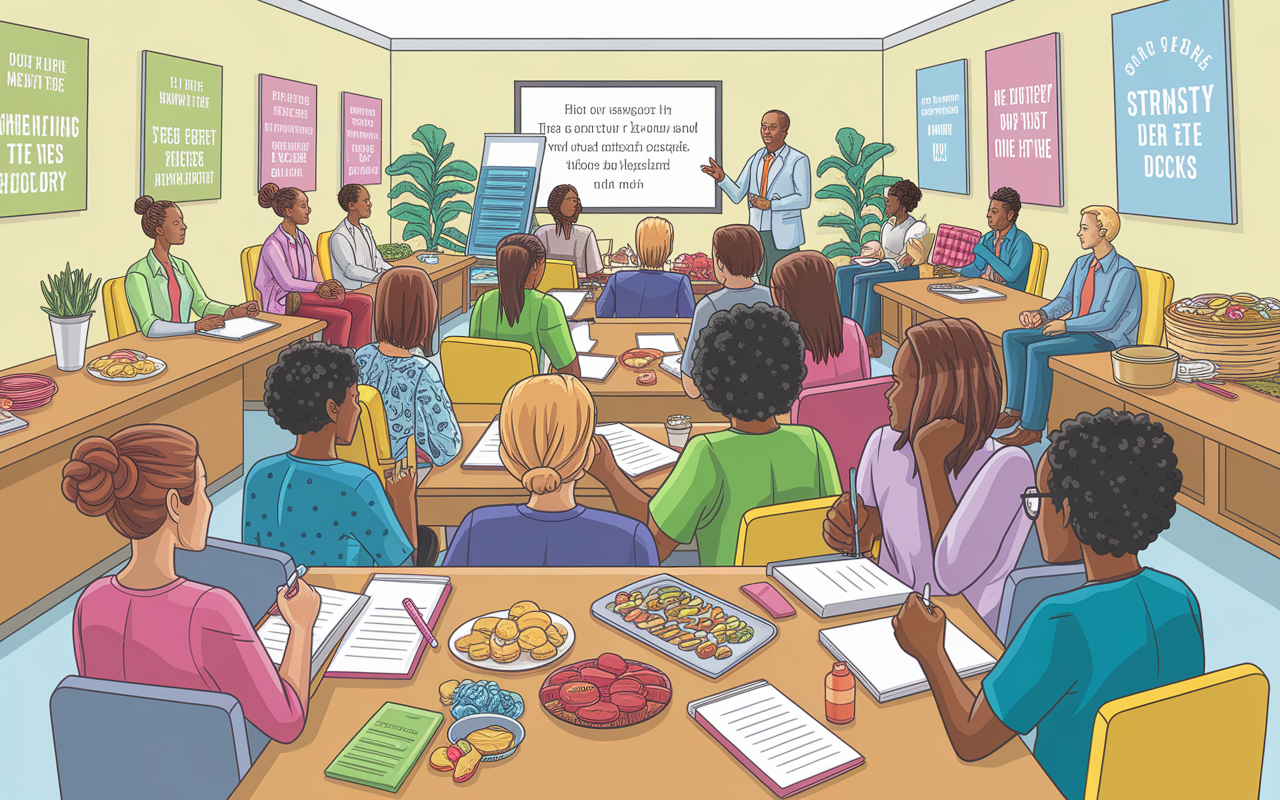 A vibrant scene depicting a training room at a medical institution, where residents are participating in a wellness workshop. The room is brightly lit, with motivational posters on the walls and healthy snacks on a buffet table. A speaker at the front is discussing stress management techniques, while residents attentively jot down notes and engage in discussions, fostering a sense of community and support.