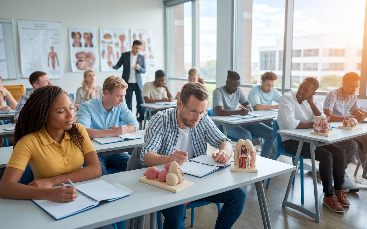 A dynamic classroom filled with diverse students engaged in a post-baccalaureate science course. The instructor is at the front, animated in teaching, surrounded by modern learning tools and charts. Students of different backgrounds are taking notes, discussing, and collaborating on assignments, with anatomical models on desks, filled with enthusiasm and curiosity about the medical field. Bright, natural light streaming in through large windows, creating an inspiring learning environment.