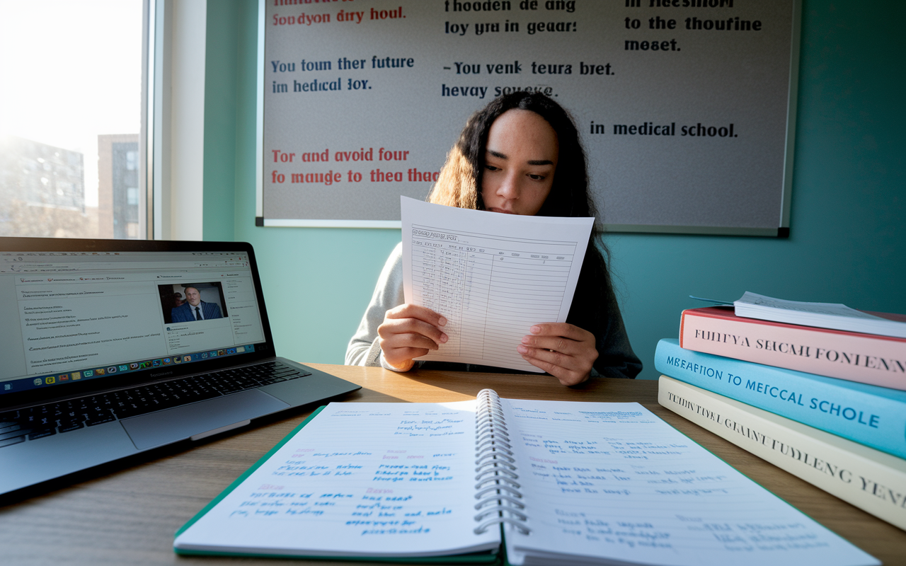 A student examining their academic transcript at a desk cluttered with textbooks and study materials. The sunlight from a nearby window highlights their thoughtful expression. An open laptop displays educational websites and a planner filled with timelines for applying to medical school. Behind them, a bulletin board contains inspirational quotes and reminders, emphasizing the student's serious commitment to their future in healthcare.