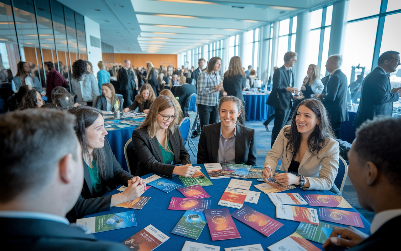 A vibrant networking event in a modern conference room, showcasing a mix of students and medical professionals interacting. Tables are covered with brochures from various medical schools. The atmosphere is dynamic, with individuals exchanging ideas and sharing experiences, laughter filling the room. Large windows allow natural light to flood in, creating an inviting environment for meaningful conversations.