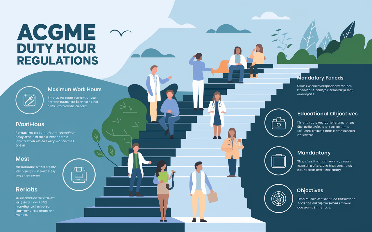 A detailed infographic illustration depicting the key components of ACGME duty hour regulations. The infographic includes visual icons for maximum work hours, mandatory rest periods, and educational objectives. The background is a blend of calming colors like light blue and white, representing clarity and structure in residency training.