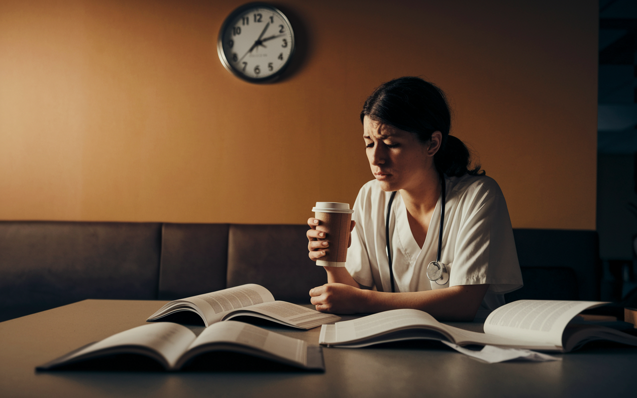 A dramatic scene showing a medical resident sitting alone in a hospital break room, visibly tired with dark circles under their eyes, holding a coffee cup. The clock on the wall shows late hours, and half-empty medical textbooks are scattered on the table, illustrating the struggle against fatigue. Warm, low lighting creates a reflective atmosphere, emphasizing the need for rest.