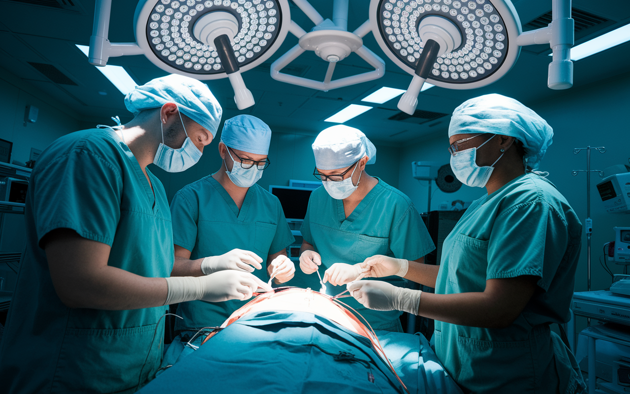 A group of surgical residents in scrubs in a learning environment, actively participating in a surgical simulation exercise. The room is filled with advanced surgical equipment and bright overhead lights, showcasing a realistic hands-on training atmosphere. Expressions of focus and determination highlight their commitment to education under the duty hour regulations.