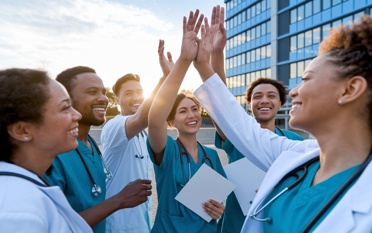 An inspiring scene of a diverse group of medical residents celebrating in front of a hospital after successfully completing their duties. They are smiling, high-fiving, and holding diplomas or certificates. The sun is setting in the background, casting a warm glow, capturing a sense of achievement and camaraderie.