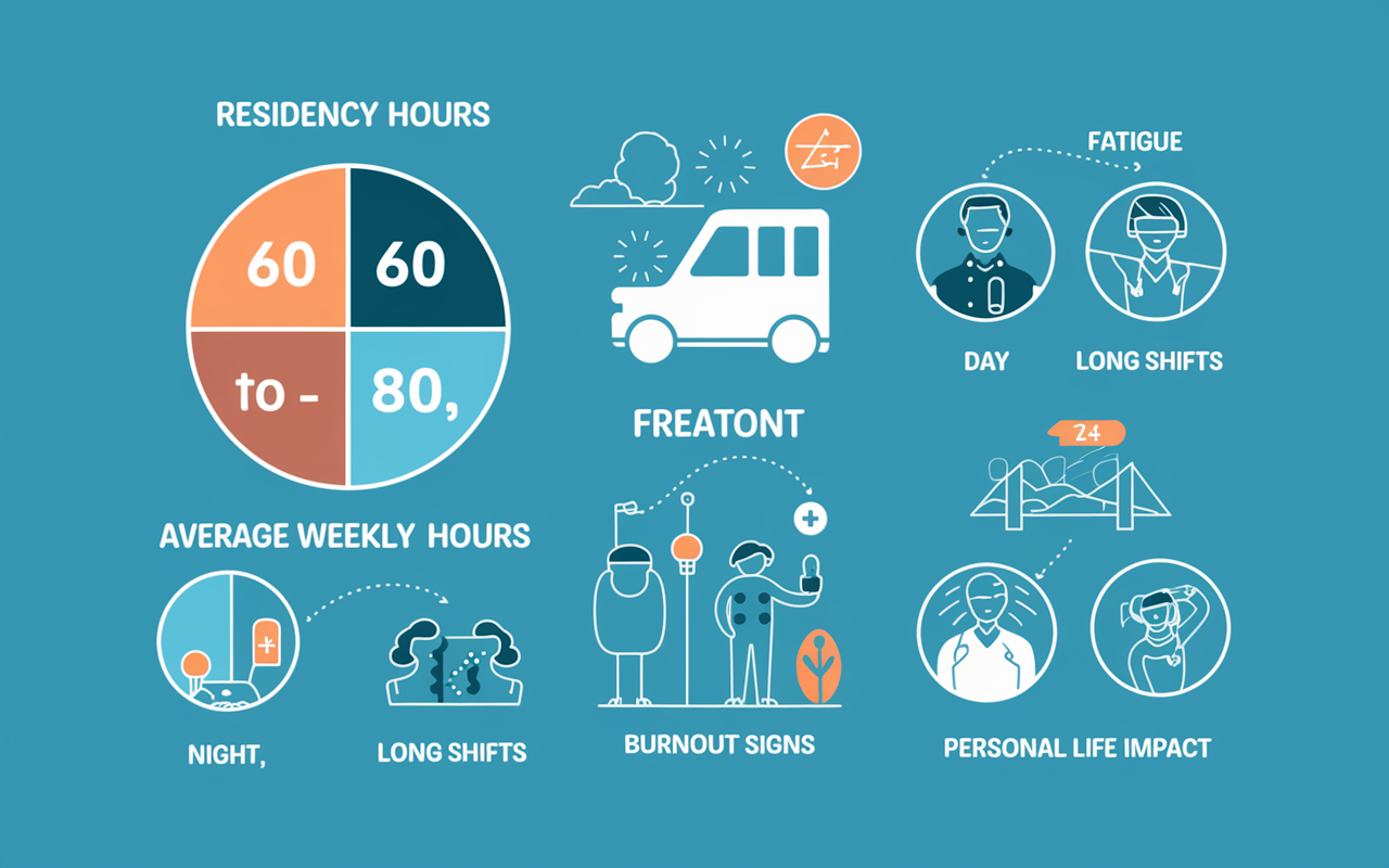 An infographic style visual with elements detailing the varying residency hours: a pie chart displaying average weekly hours (60 to 80), icons representing different shifts (day, night, long shifts, back-to-back), and annotations showing fatigue, burnout signs, and personal life impact. A clear, informative design set in a calming color palette to balance the theme of stress with the need for clarity.