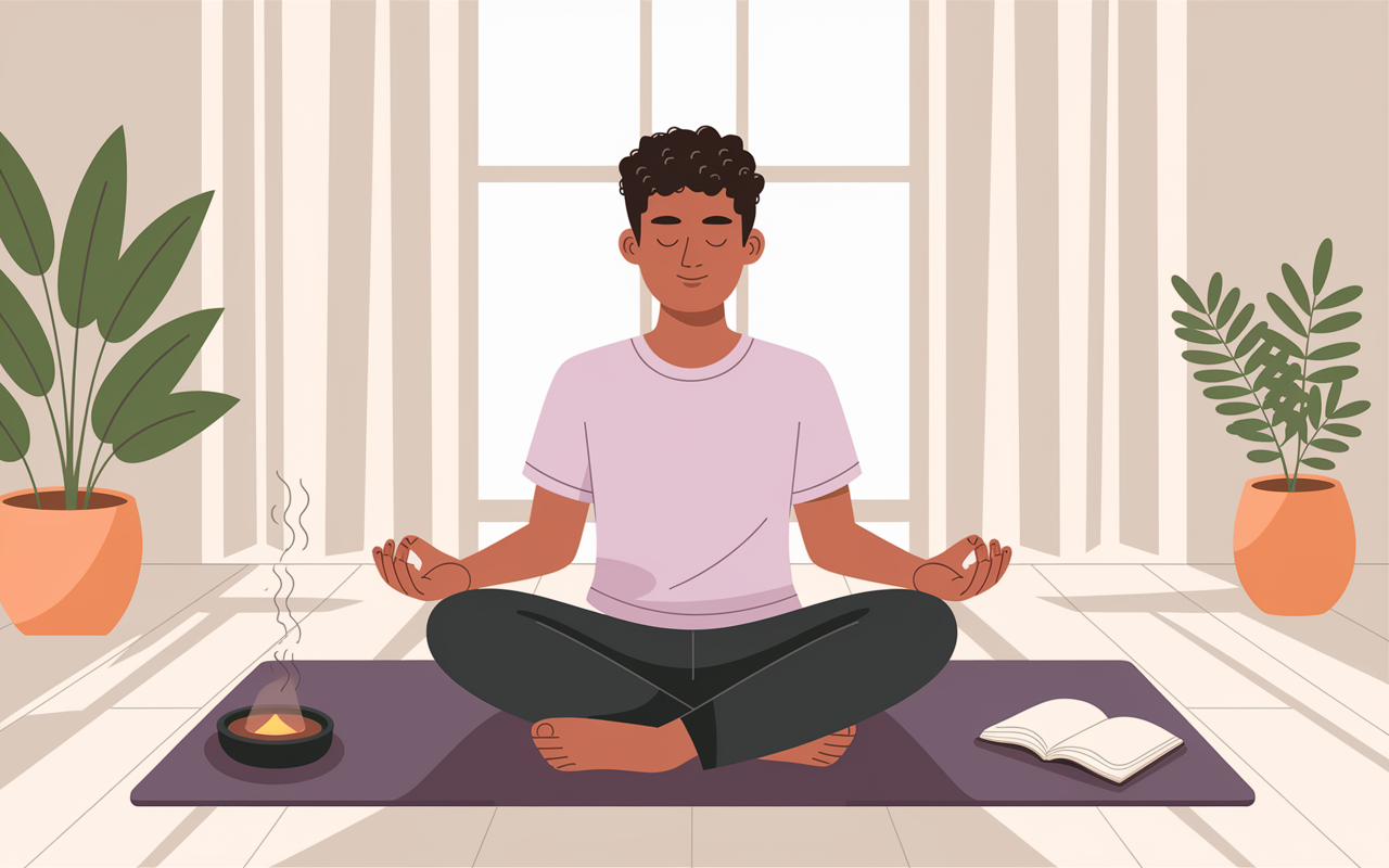 A serene personal space illustrating stress-reduction techniques: a young male resident practicing mindfulness, sitting cross-legged on a yoga mat with eyes closed and a faint smile, surrounded by green plants and soft natural light streaming through a window. Elements of calm such as incense and a journal lie beside him, emphasizing tranquility and self-care.