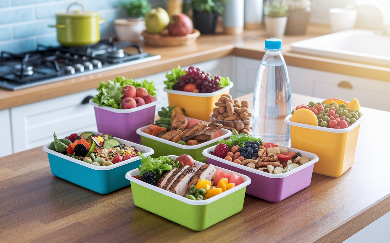 A colorful arrangement of healthy meal prep containers filled with vibrant salads, grilled chicken, fruits, nuts, and water bottles, all set on a wooden kitchen counter. The background reflects a sunny kitchen environment emphasizing health and stamina, incorporating bright natural light and a cheerful atmosphere to support the busy life of a medical resident.