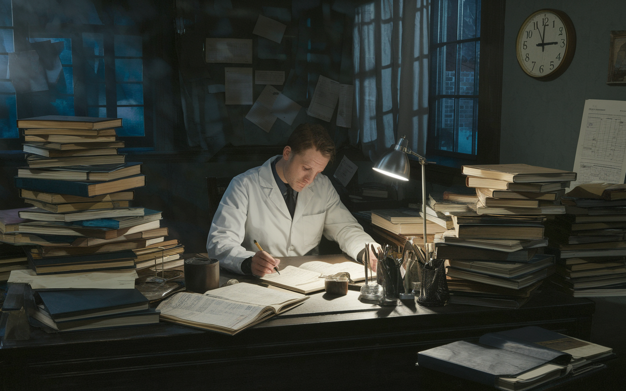 A dramatic depiction showing a medical resident from the past, working at a cluttered desk late at night under dim lighting, surrounded by stacks of medical books and charts. The room has an old-fashioned feel, with a wall clock showing late hours, conveying the exhaustion and mental strain that past residents faced. Harsh shadows and somber color tones evoke a sense of struggle and the demands of medical training during that era.