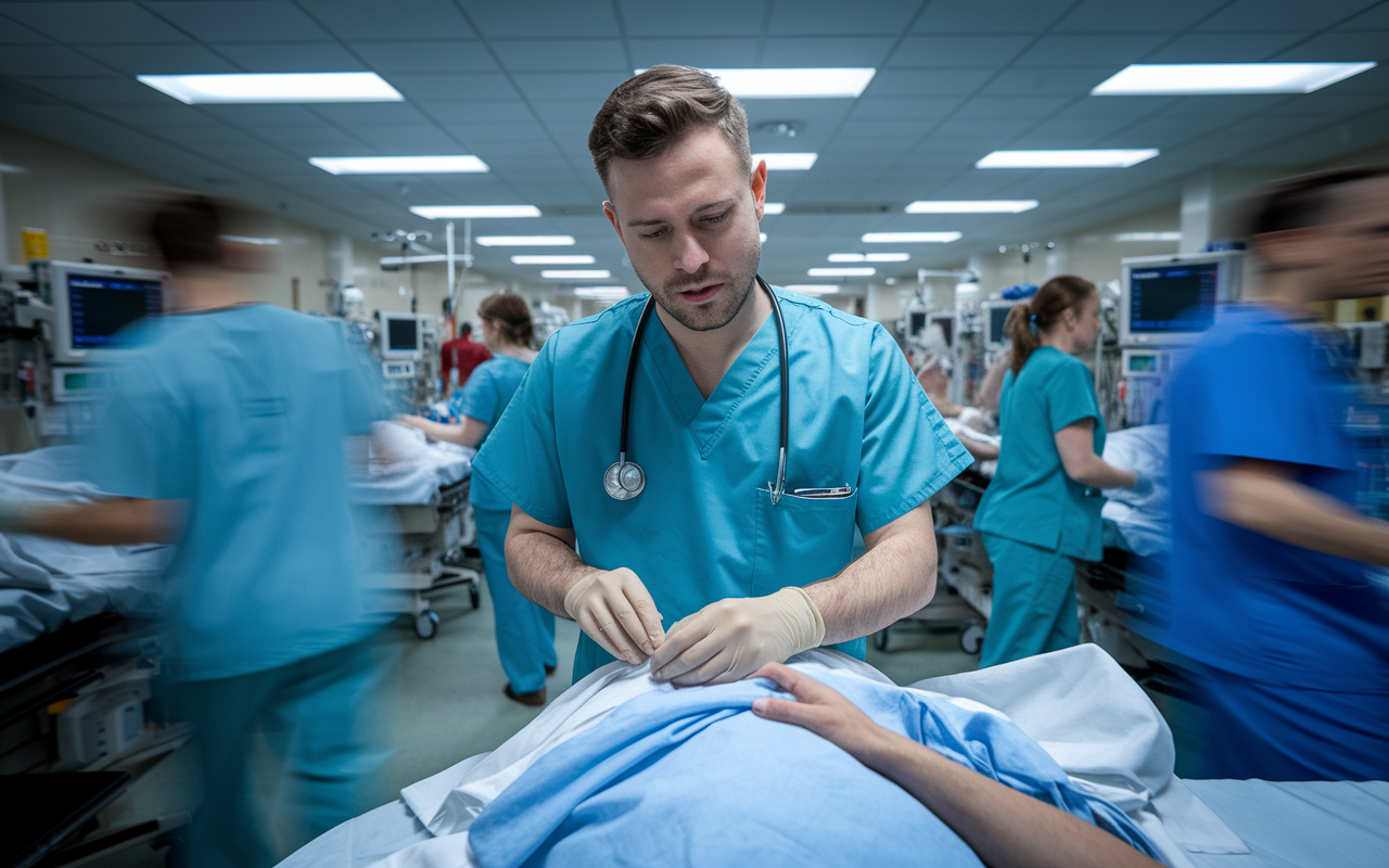 A dedicated medical resident in scrubs, looking stressed but determined, caring for multiple patients in a bustling hospital ward. Monitors beep and medical staff move efficiently in the background, emphasizing the urgency and pressure of the environment. The lighting is bright yet slightly harsh, highlighting the intensity of the moment and the resident's commitment to patient care.