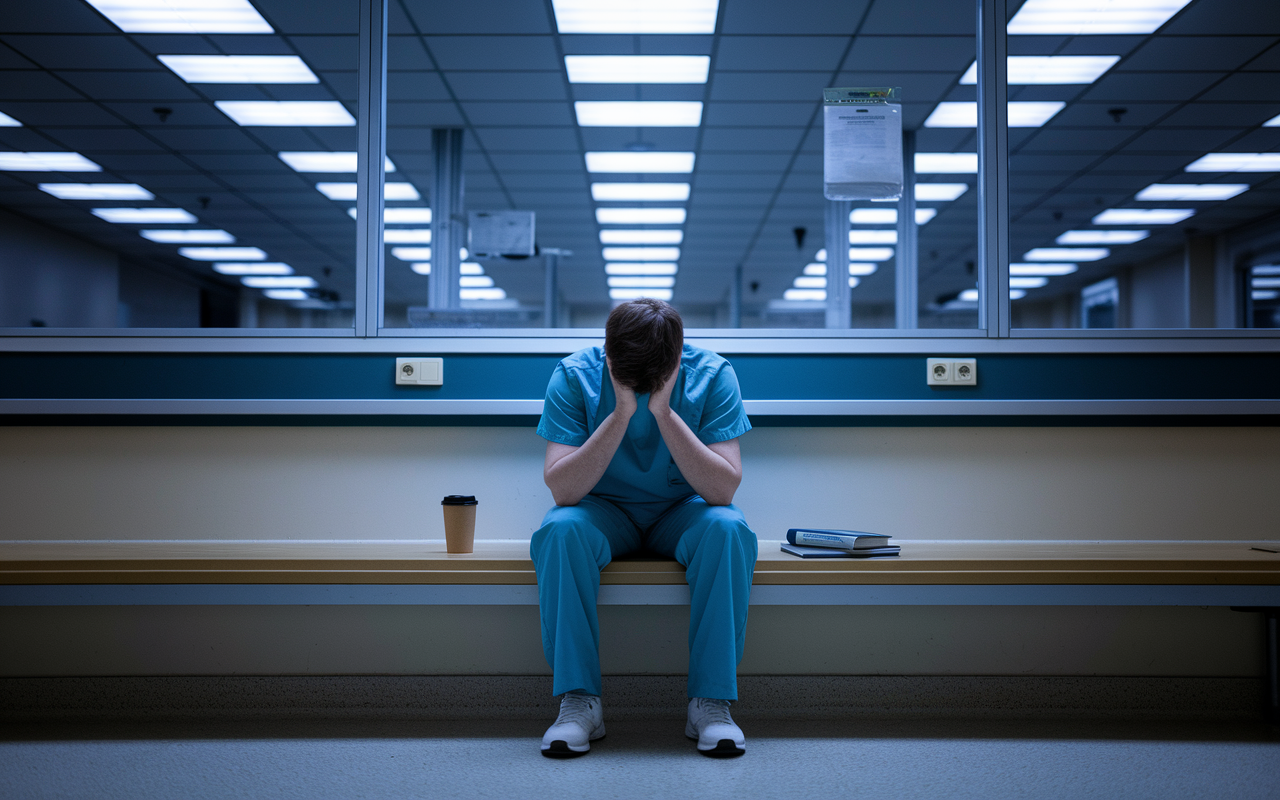 A somber scene of a weary medical resident sitting alone on a hospital bench, head in hands, looking drained and defeated after a long shift. The hospital's sterile environment contrasts with the resident's emotional turmoil, illuminated by stark overhead lights. Objects around, like a coffee cup and medical texts, signify the relentless demands faced by residents. The atmosphere is heavy with fatigue and exhaustion.