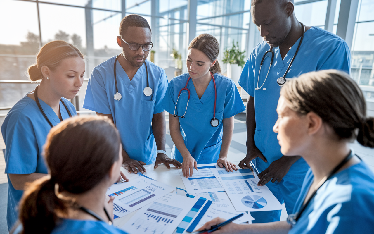 A diverse group of medical residents in a collaborative huddle discussing patient care plans in a bright, modern hospital setting. Each resident shows signs of fatigue but is engaged and contributing ideas. The atmosphere is supportive, with charts and medical equipment around, showcasing a team-oriented approach to tackle heavy workloads together. Natural light enhances the positive collaborative spirit.